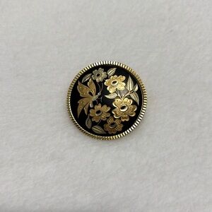Damascene Brooch Pin, Black, Gold Tone, Flowers, Butterfly, Jewelry, Round